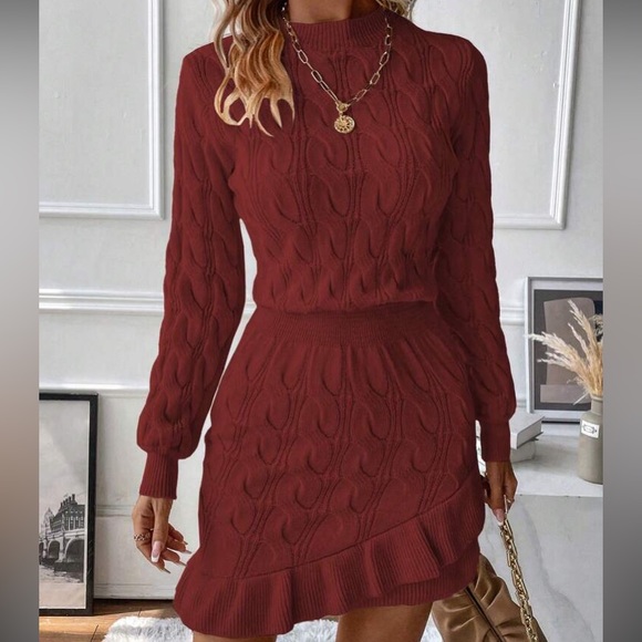 Cozy ruffle hem cable knit sweater dress - Picture 10 of 15